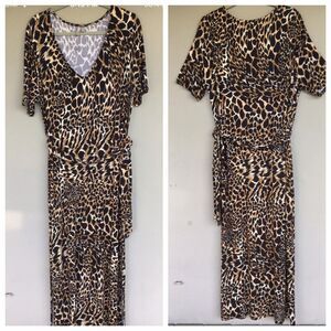 ASOS DESIGN Dress Womens 12 Brown Animal Print Maxi V Neck Short Sleeve Mob Wife